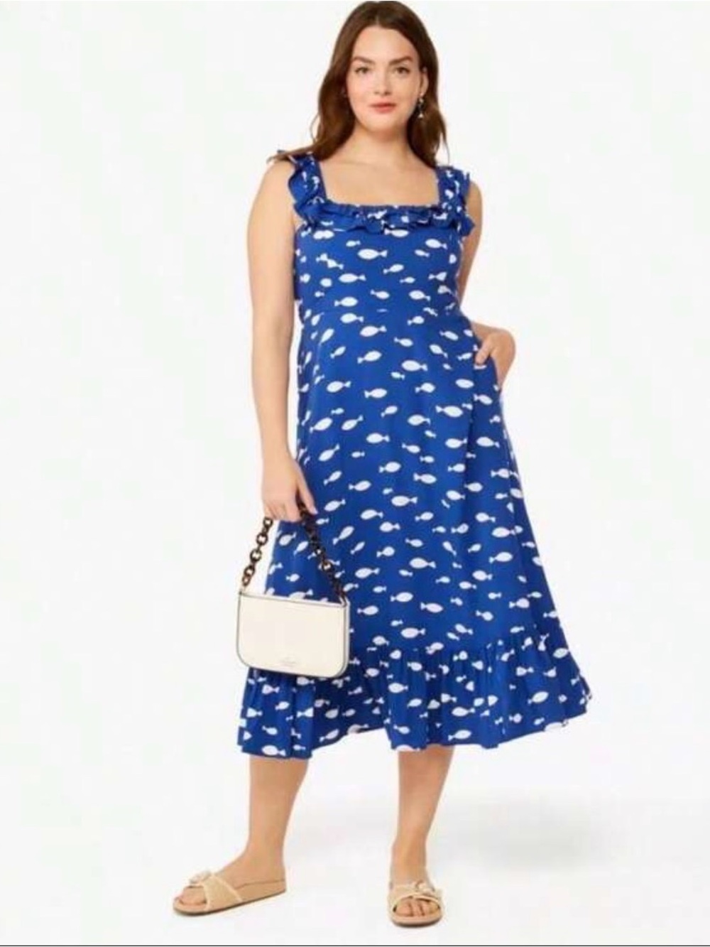 Kate Spade Blue and White Fish Print Flutter Sleeve Sundress, Size XS